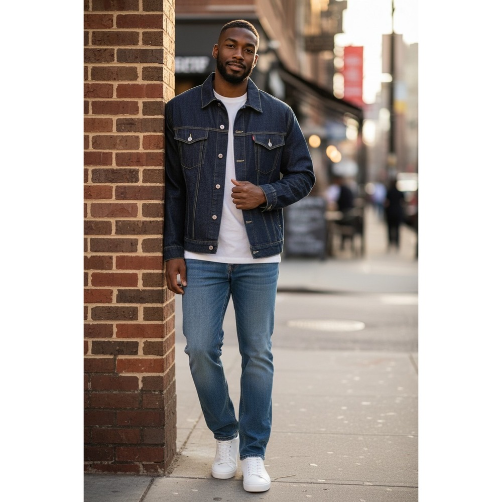 Sean John Mens Dark Wash Denim Trucker Jacket XL Embroidered Est 98 Navy Blue